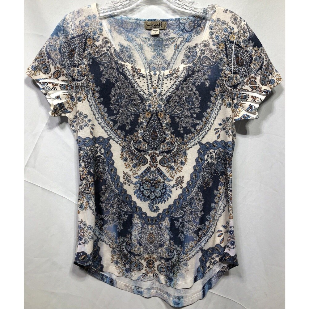 One world knit tee top M blue Geo beads top Square neck cottage boho fairy